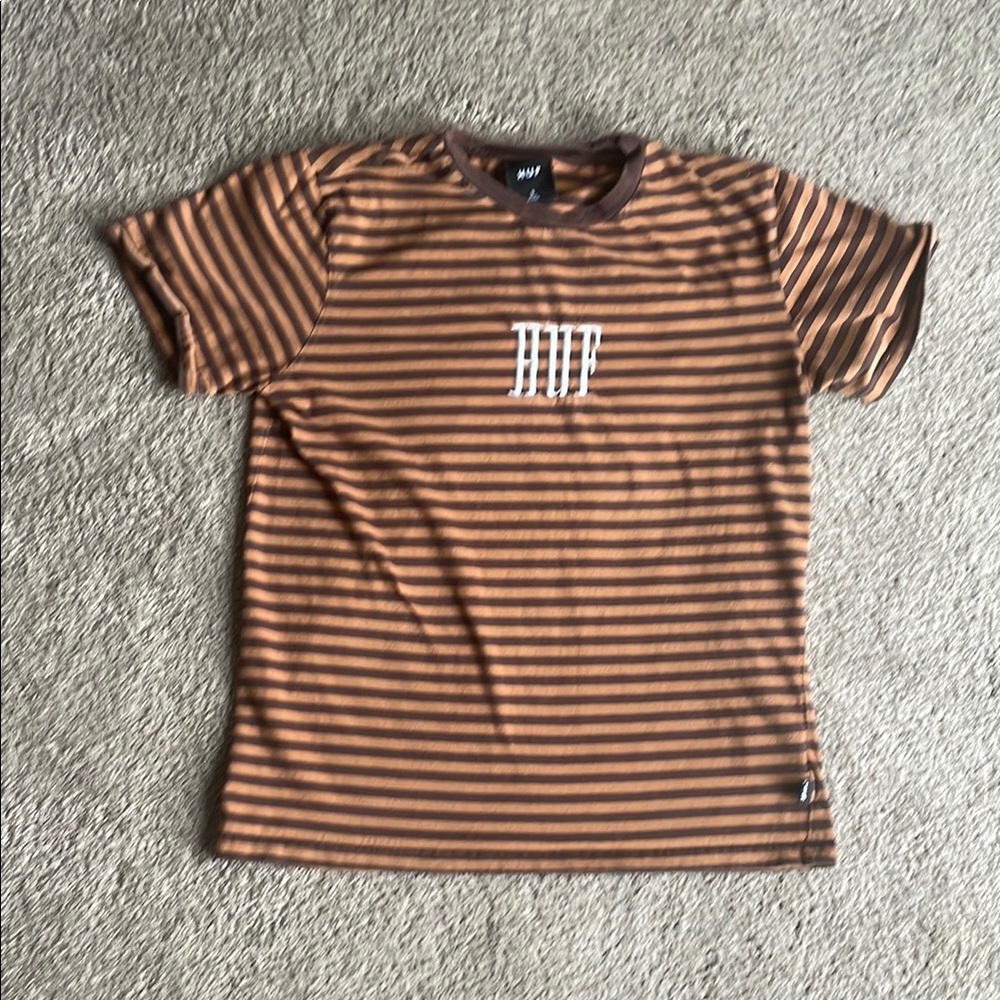 HUF Brown and Black Striped Chest Logo Tee